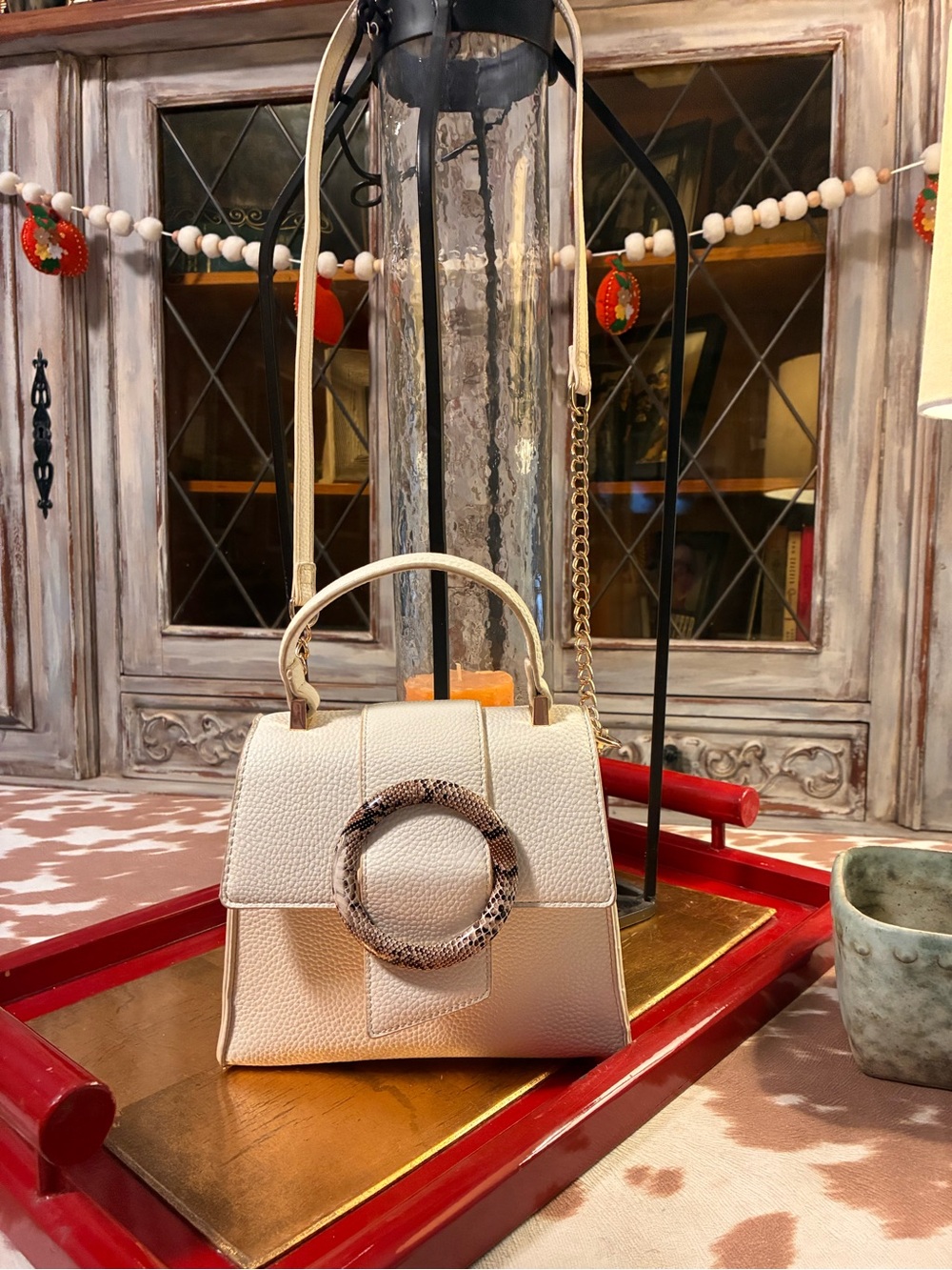 Crossi Cream Top-Handle Crossbody Bag with Statement Ring-chain handle